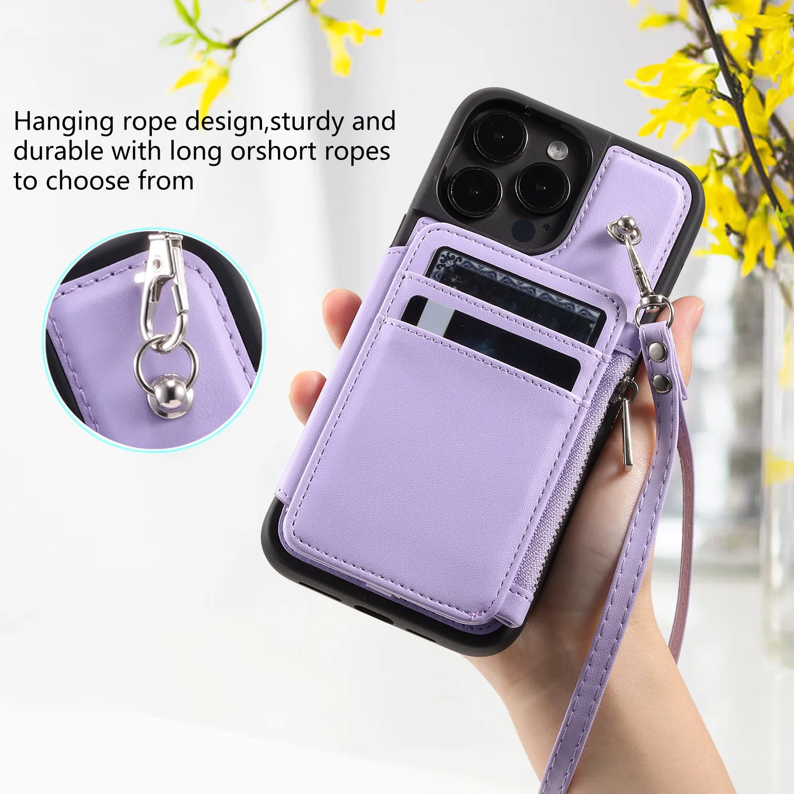 009 Kickstand Phone Case for iPhone 15 Pro , Zipper Wallet RFID Blocking PU TPU Cover with Strap