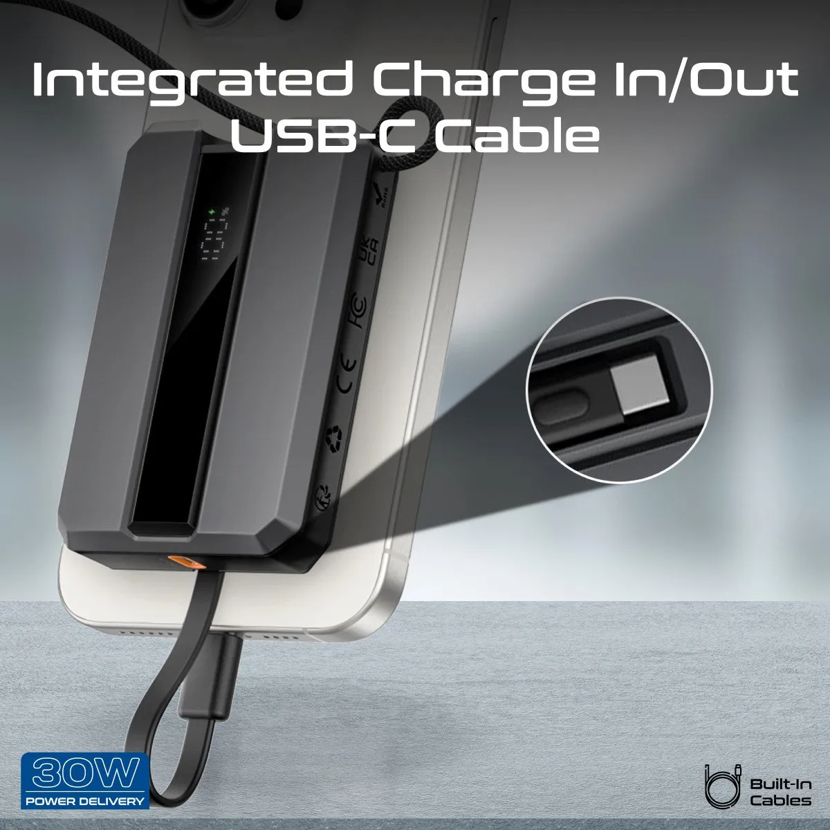30W Power Delivery Smartphone & Apple Watch Charging Power Bank with in-built USB-C Cable