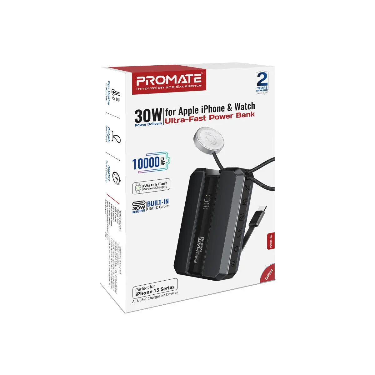 30W Power Delivery Smartphone & Apple Watch Charging Power Bank with in-built USB-C Cable