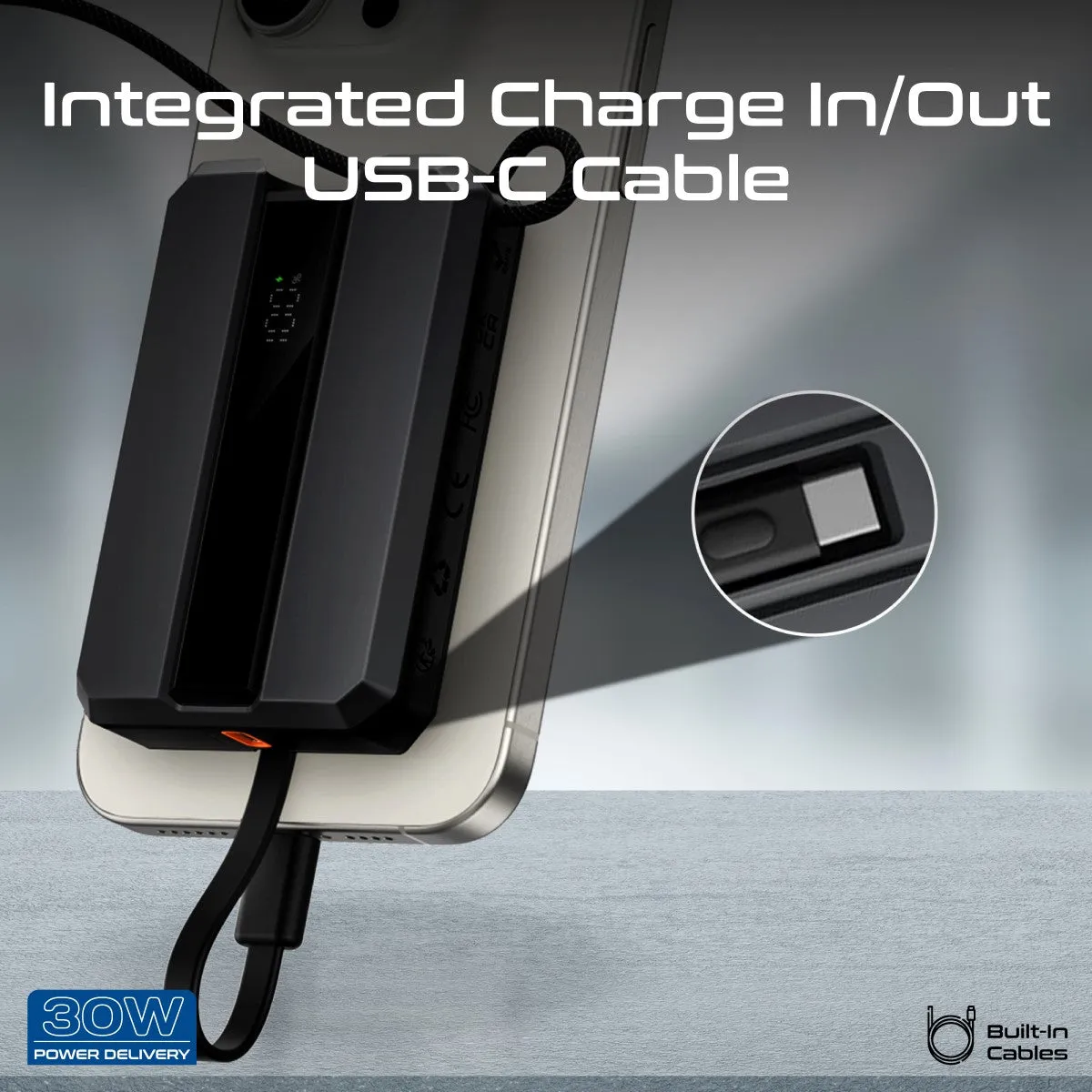 30W Power Delivery Smartphone & Apple Watch Charging Power Bank with in-built USB-C Cable