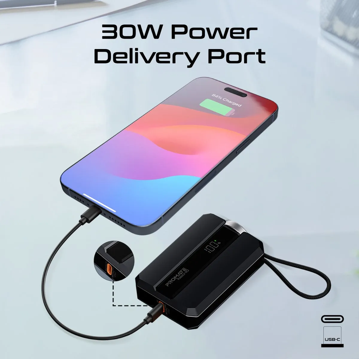 30W Power Delivery Smartphone & Apple Watch Charging Power Bank with in-built USB-C Cable