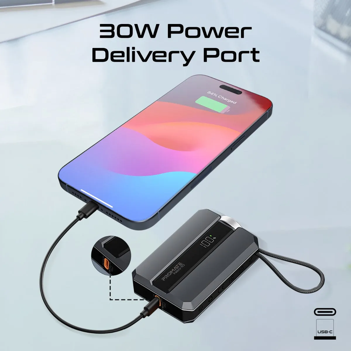 30W Power Delivery Smartphone & Apple Watch Charging Power Bank with in-built USB-C Cable