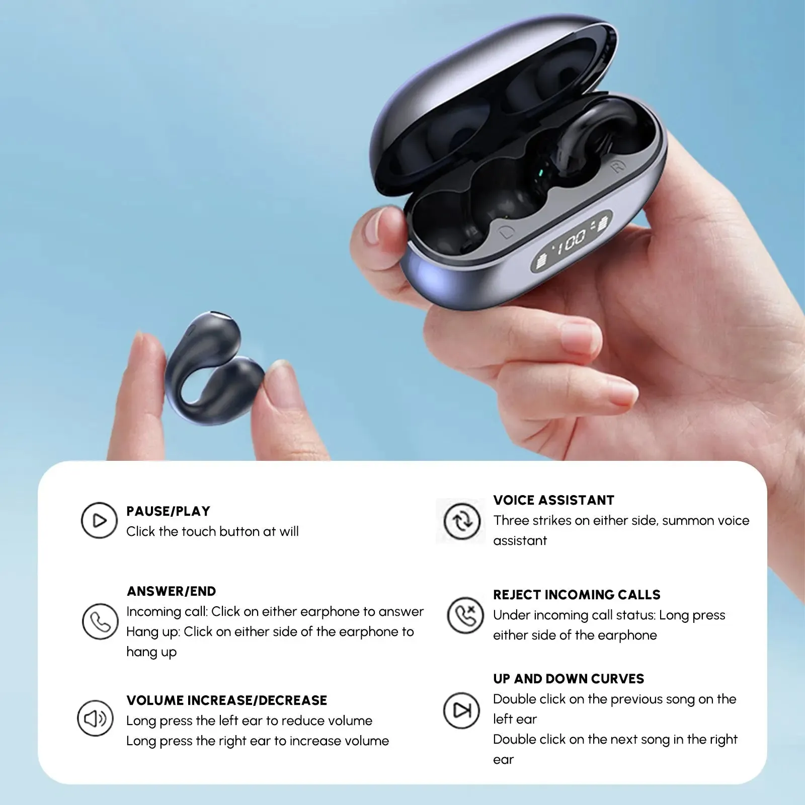 5.3 Bluetooth Open Ear Clip Wireless Earbuds with Earhooks & Digital-Bluetooth Earbuds