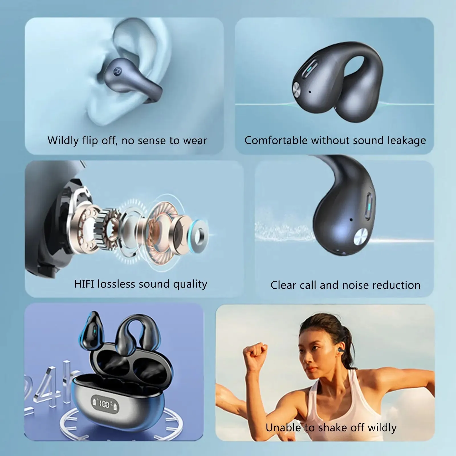 5.3 Bluetooth Open Ear Clip Wireless Earbuds with Earhooks & Digital-Bluetooth Earbuds