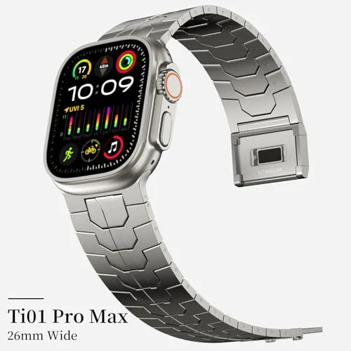 ACESTAR Full Titanium Band Compatible with Apple Watch Ultra 49mm / Ultra 2 49mm / Series 10 46mm, 26mm Wide Adjustable Titanium Links with Titanium Magnetic Clasp Titanium Connectors and DLC Coating
