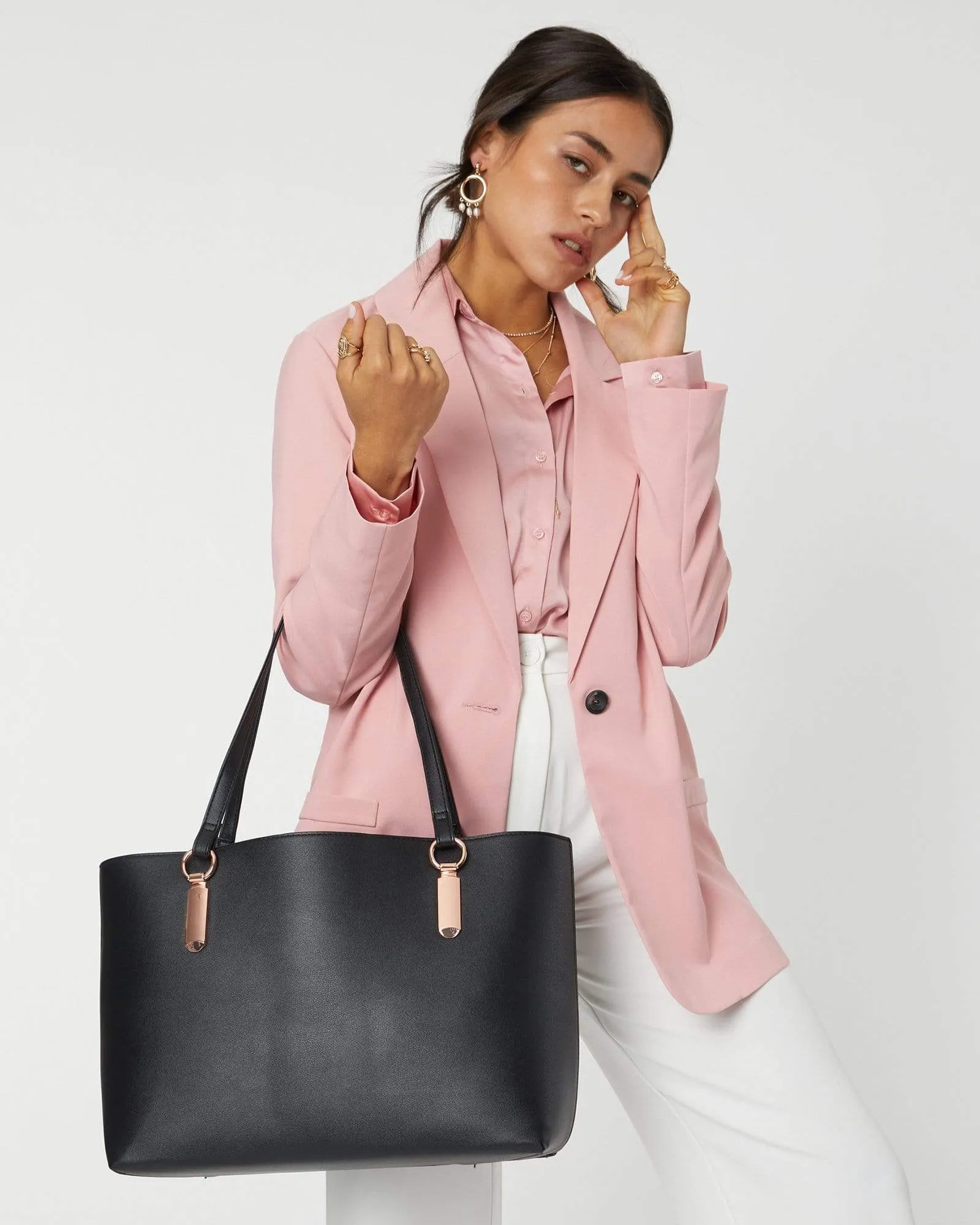 Black Angelina Tote Bag With Rose Gold Hardware
