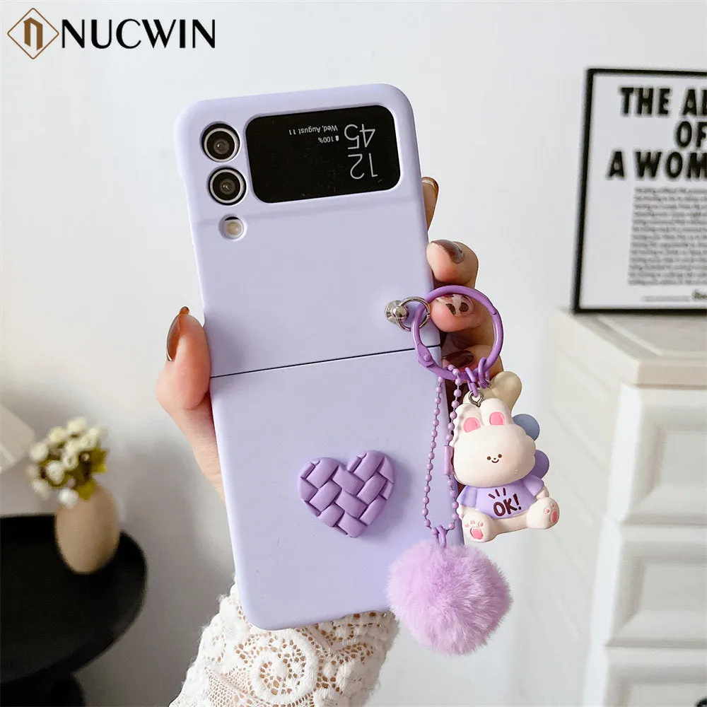Cartoon Bear Love Heart Case For Samsung ZFlip 5 4 3 Hairball 3D Cartoon Pendant Cover