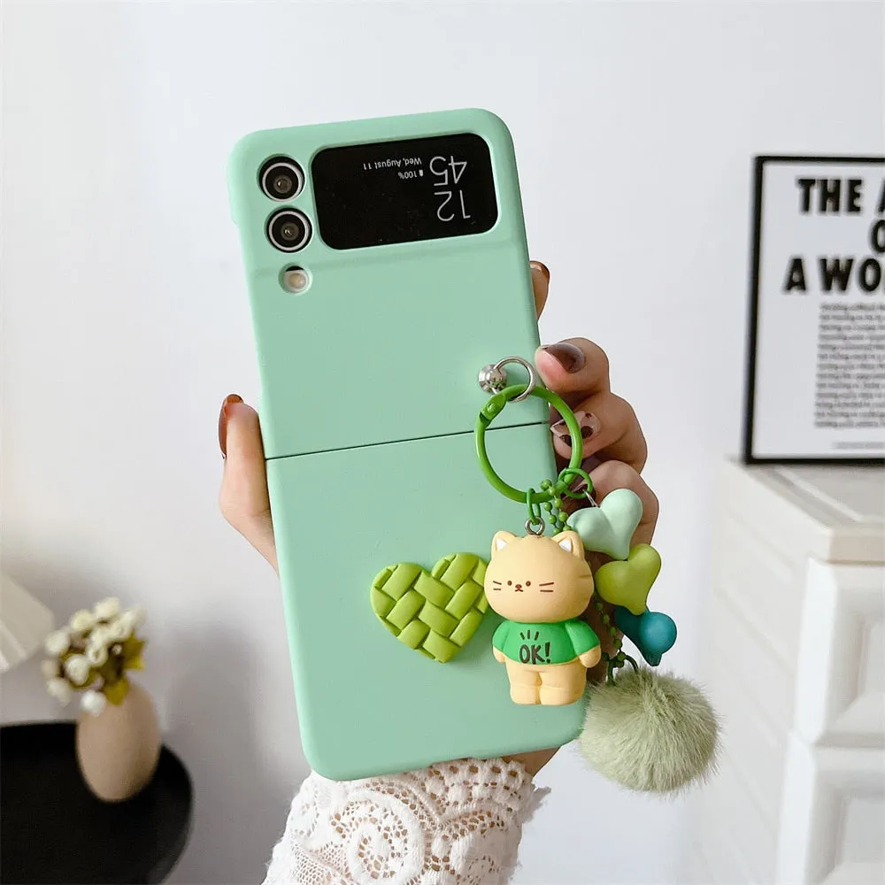 Cartoon Bear Love Heart Case For Samsung ZFlip 5 4 3 Hairball 3D Cartoon Pendant Cover