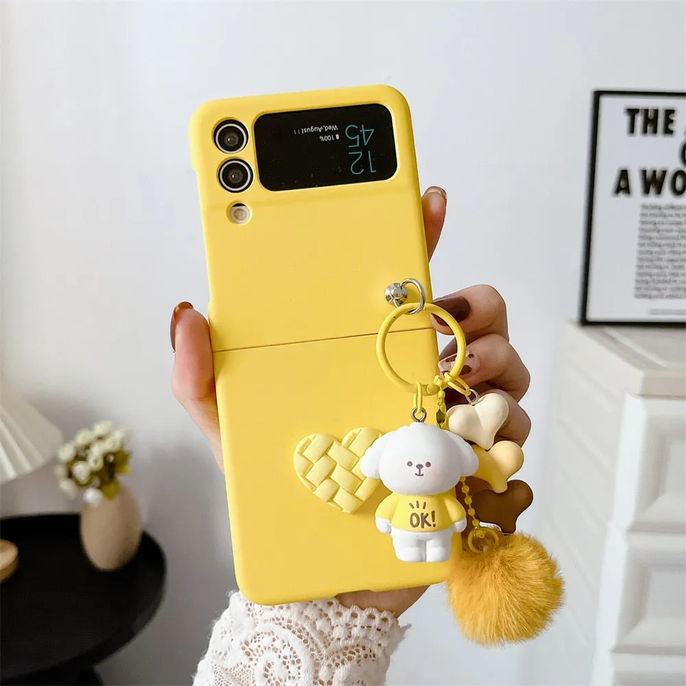 Cartoon Bear Love Heart Case For Samsung ZFlip 5 4 3 Hairball 3D Cartoon Pendant Cover