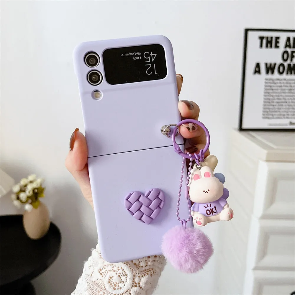 Cartoon Bear Love Heart Case For Samsung ZFlip 5 4 3 Hairball 3D Cartoon Pendant Cover