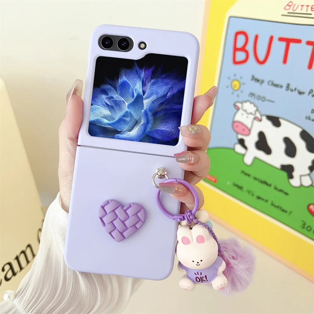 Cartoon Bear Love Heart Case For Samsung ZFlip 5 4 3 Hairball 3D Cartoon Pendant Cover