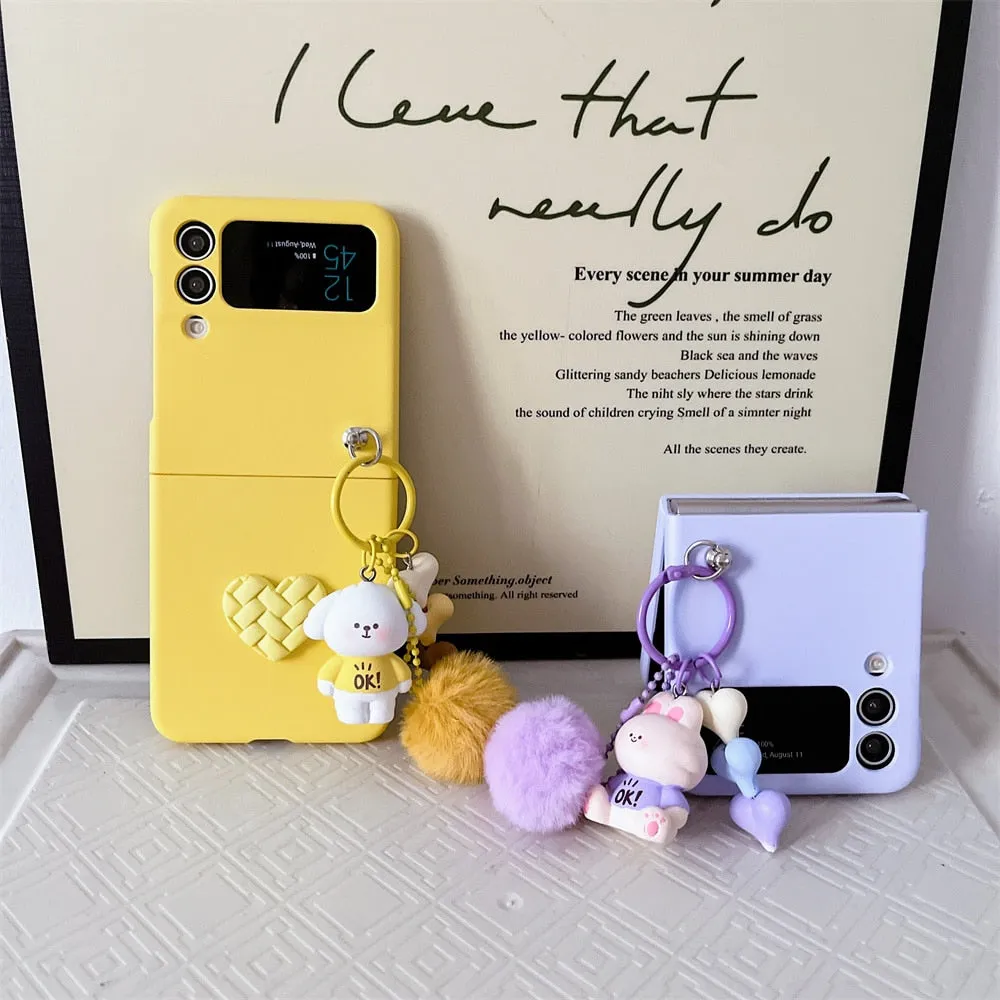 Cartoon Bear Love Heart Case For Samsung ZFlip 5 4 3 Hairball 3D Cartoon Pendant Cover