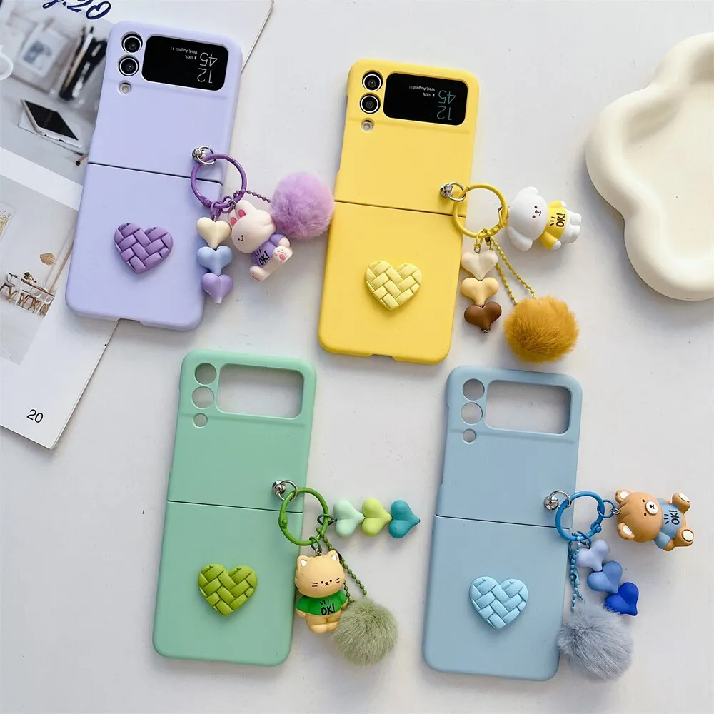 Cartoon Bear Love Heart Case For Samsung ZFlip 5 4 3 Hairball 3D Cartoon Pendant Cover