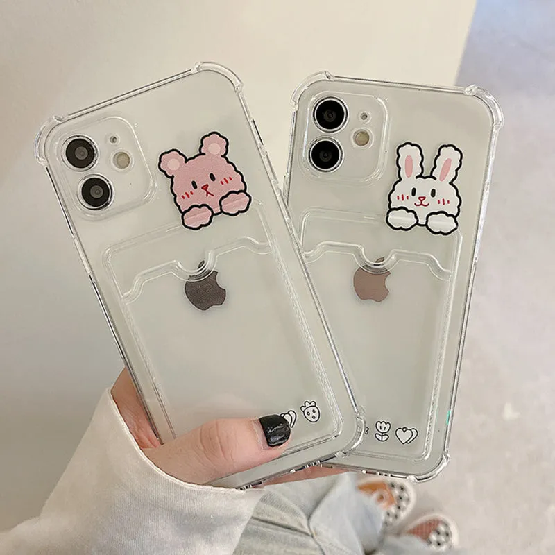 Cute Cartoon Rabbit bear Clear iPhone 14 13 11 12 Pro Max 7 8 Shockproof Card holder Phone Case