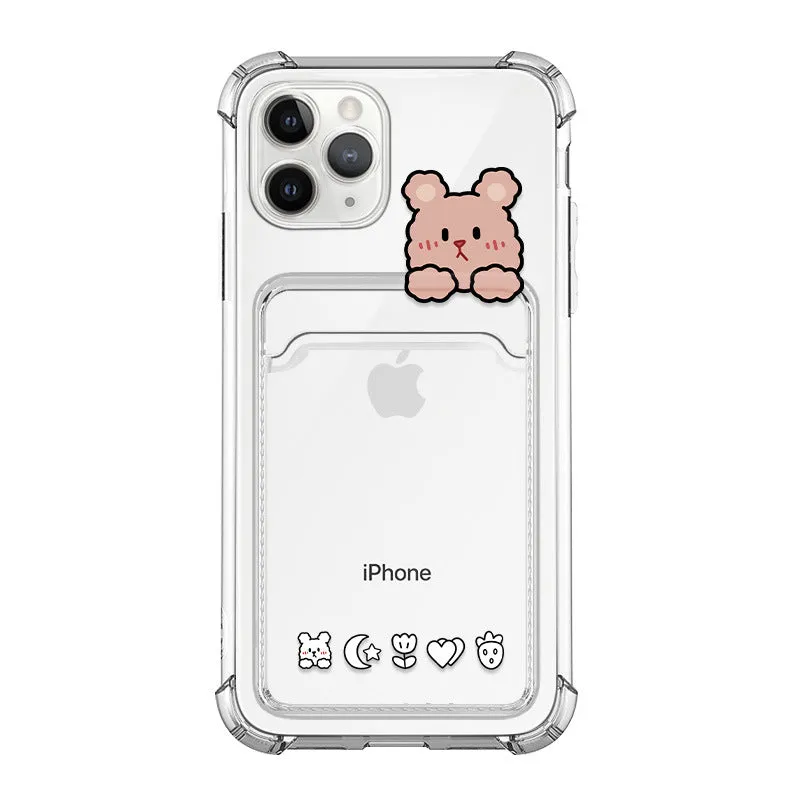 Cute Cartoon Rabbit bear Clear iPhone 14 13 11 12 Pro Max 7 8 Shockproof Card holder Phone Case