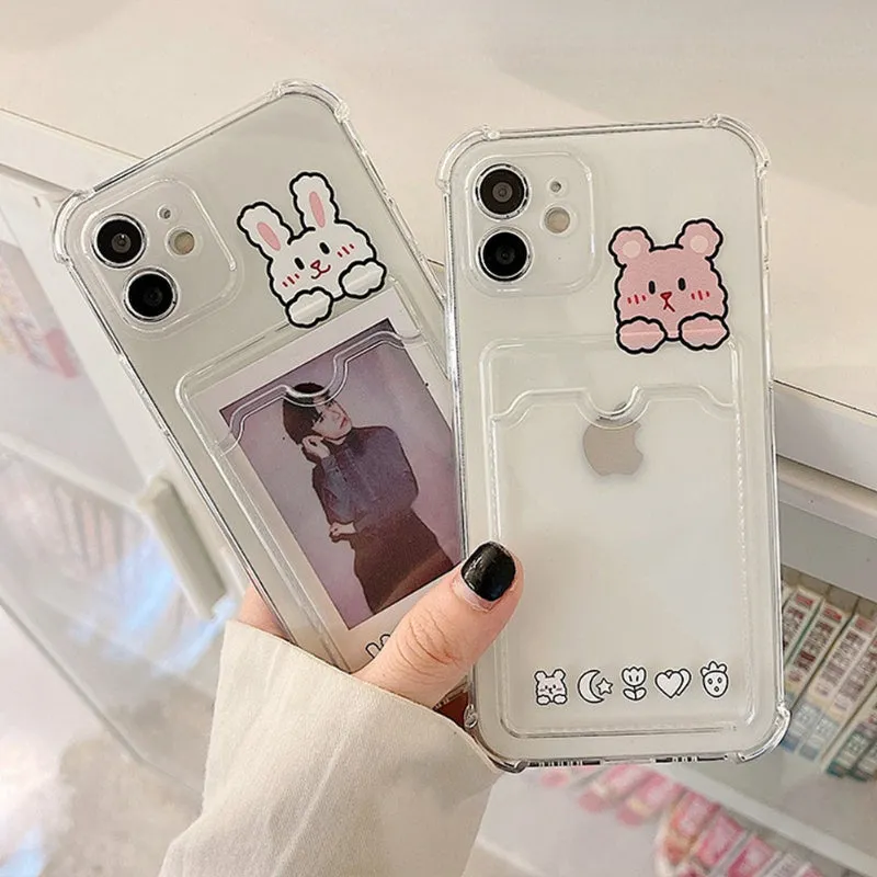 Cute Cartoon Rabbit bear Clear iPhone 14 13 11 12 Pro Max 7 8 Shockproof Card holder Phone Case