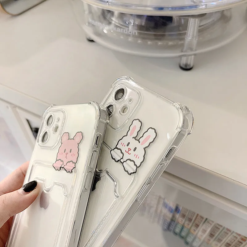 Cute Cartoon Rabbit bear Clear iPhone 14 13 11 12 Pro Max 7 8 Shockproof Card holder Phone Case