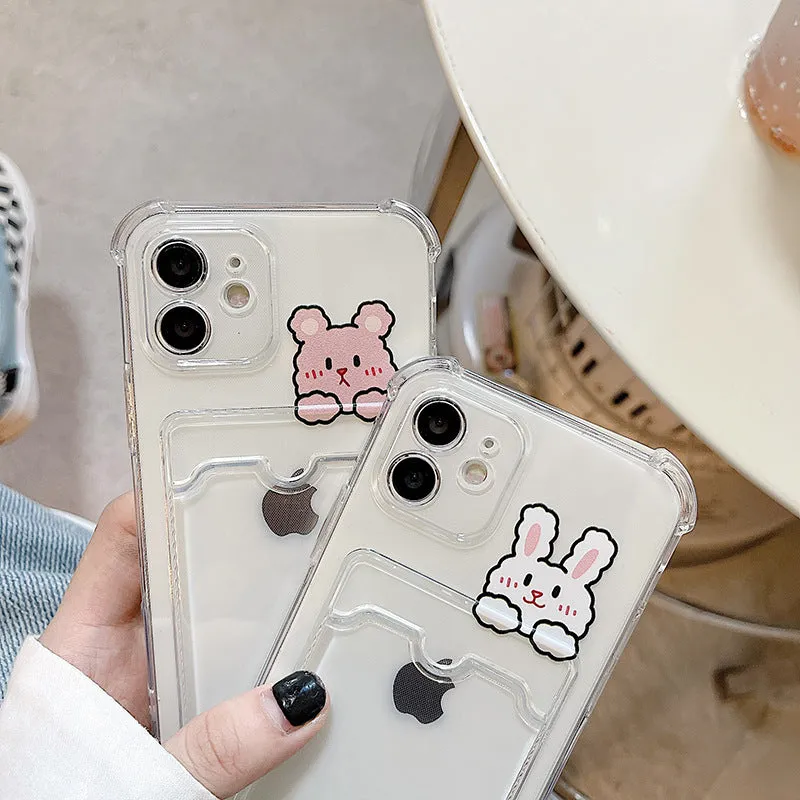 Cute Cartoon Rabbit bear Clear iPhone 14 13 11 12 Pro Max 7 8 Shockproof Card holder Phone Case