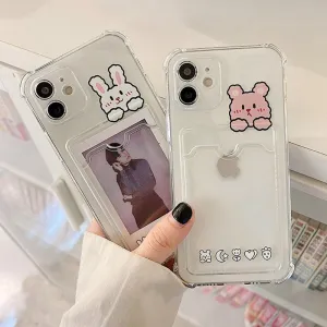 Cute Cartoon Rabbit bear Clear iPhone 14 13 11 12 Pro Max 7 8 Shockproof Card holder Phone Case