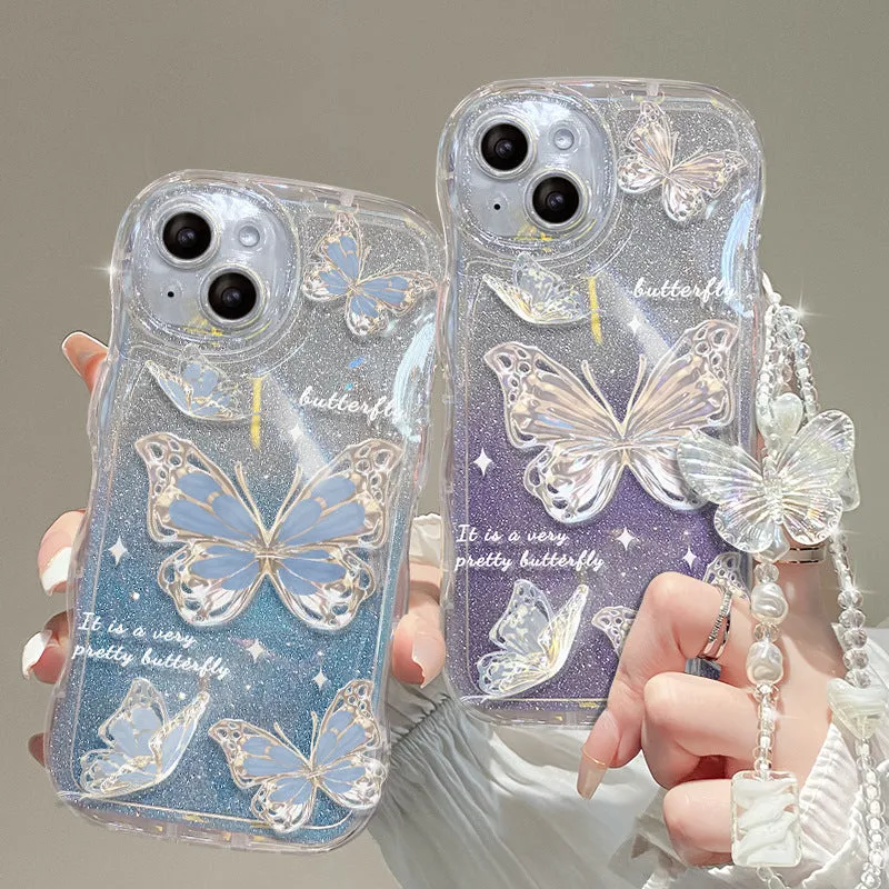 Cute Explosive Shining 3D Bear Hearts Butterfly Phone case with Butterfly Bracelet
