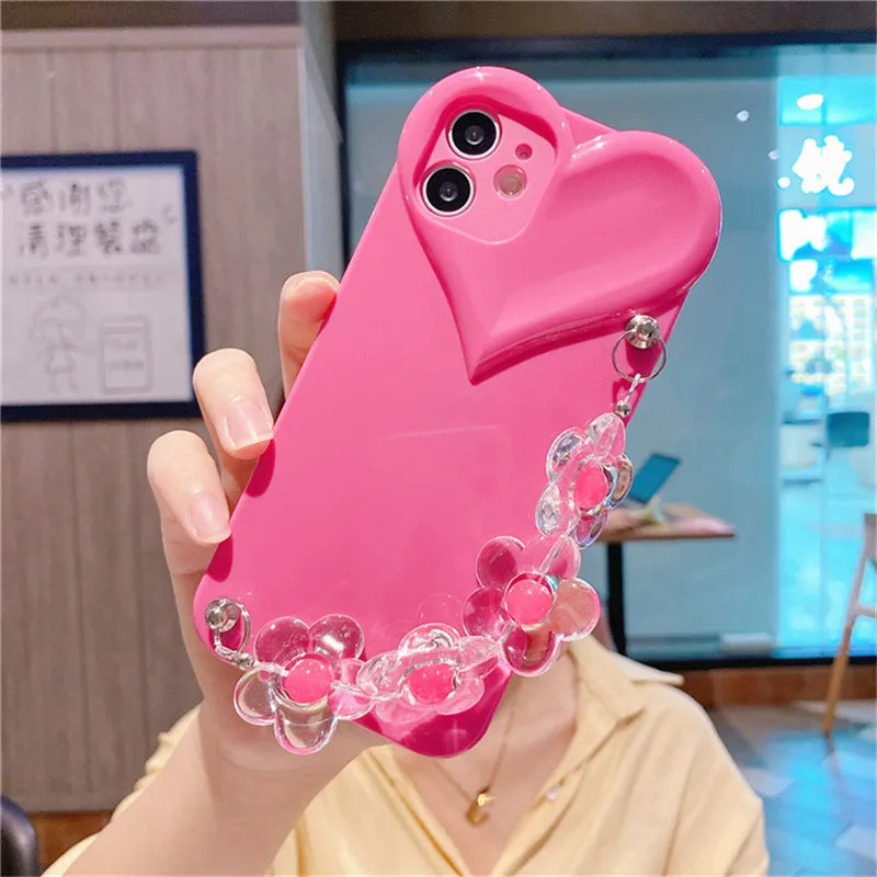 Cute Love Heart Flower Bracelet Candy Color Phone Case For iPhone 13 11 12 Pro Max XR X XS 7 8 Plus SE