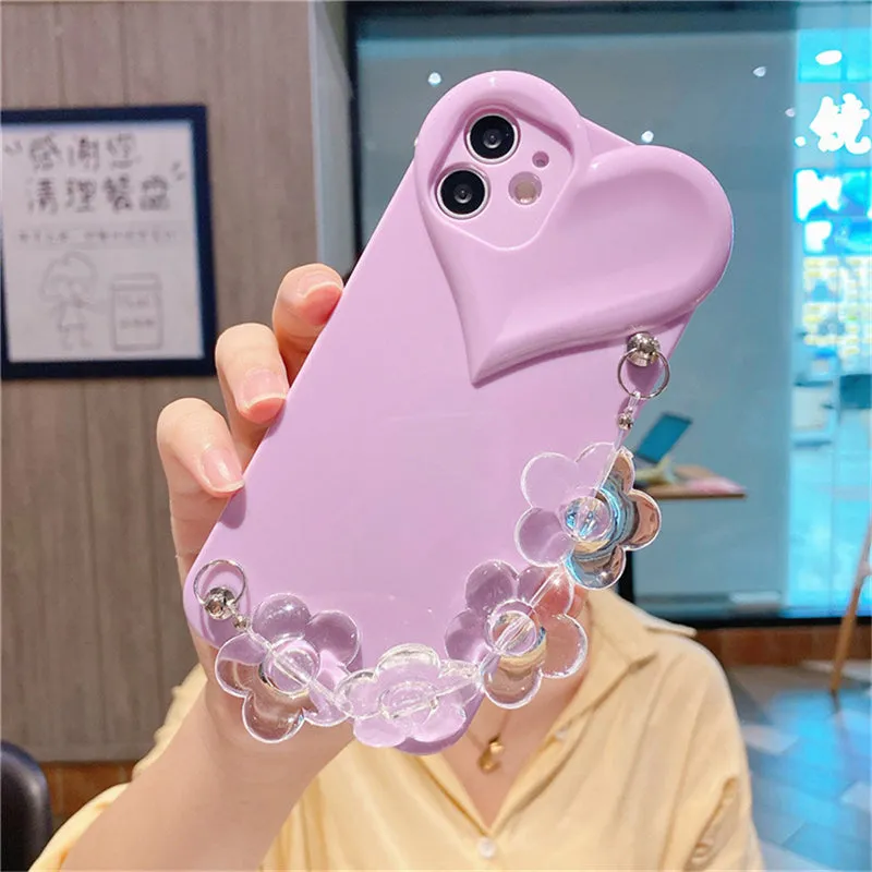 Cute Love Heart Flower Bracelet Candy Color Phone Case For iPhone 13 11 12 Pro Max XR X XS 7 8 Plus SE