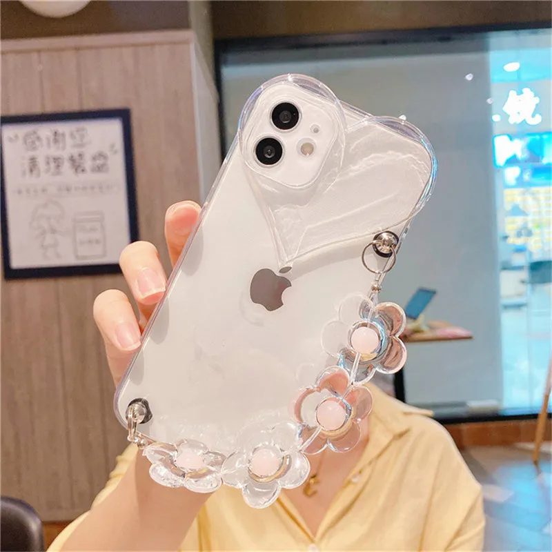 Cute Love Heart Flower Bracelet Candy Color Phone Case For iPhone 13 11 12 Pro Max XR X XS 7 8 Plus SE