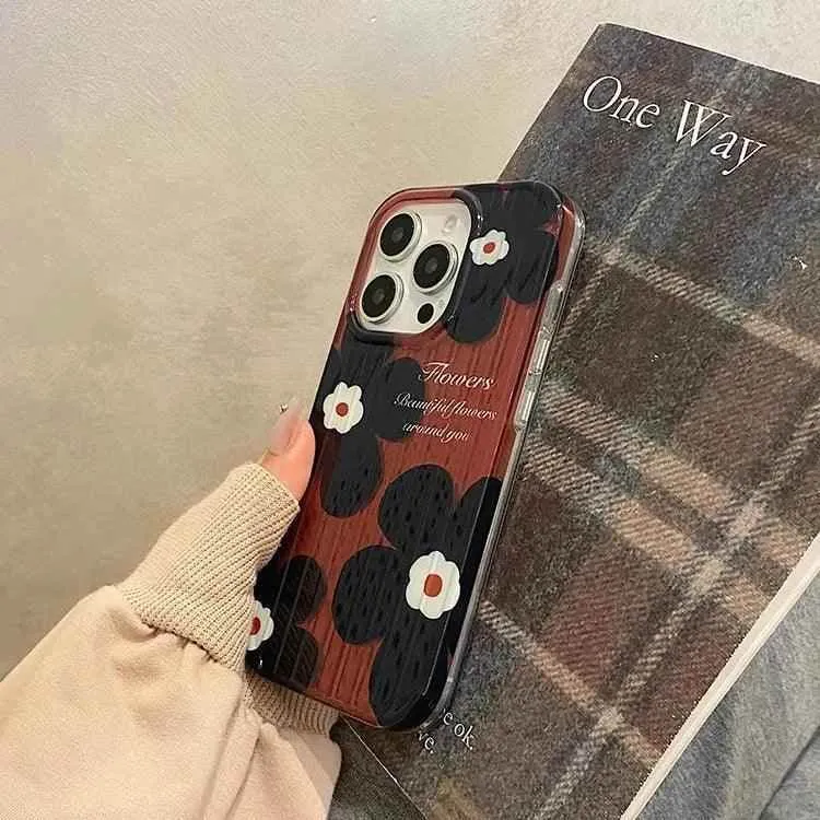 Cute Phone Cases For iPhone 15, 14, or 13 Pro Max - Oil Painting Black Flowers - Glossy Silicone Cover - TSP210