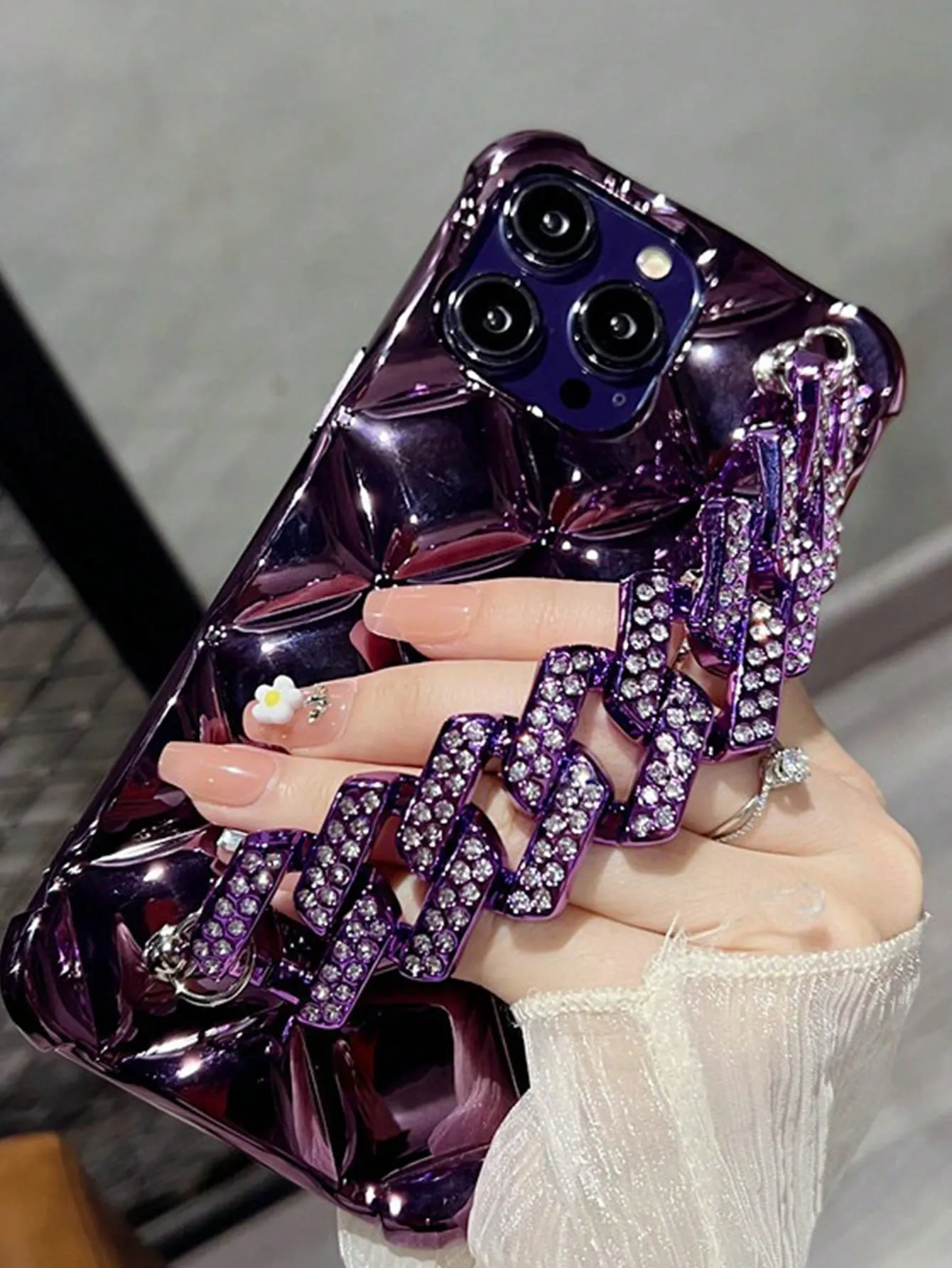 Plated Rhombus Shaped Lock & Rhinestone Decor Phone Case with Chain Strap