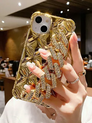 Plated Rhombus Shaped Lock & Rhinestone Decor Phone Case with Chain Strap