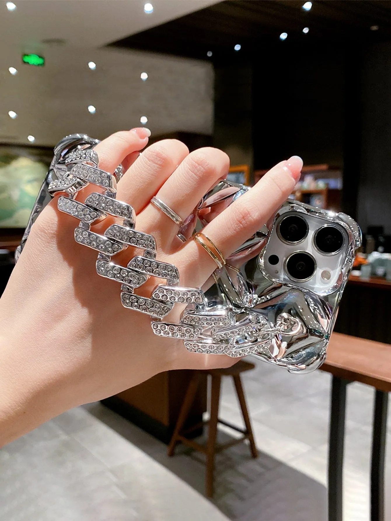 Plated Rhombus Shaped Lock & Rhinestone Decor Phone Case with Chain Strap