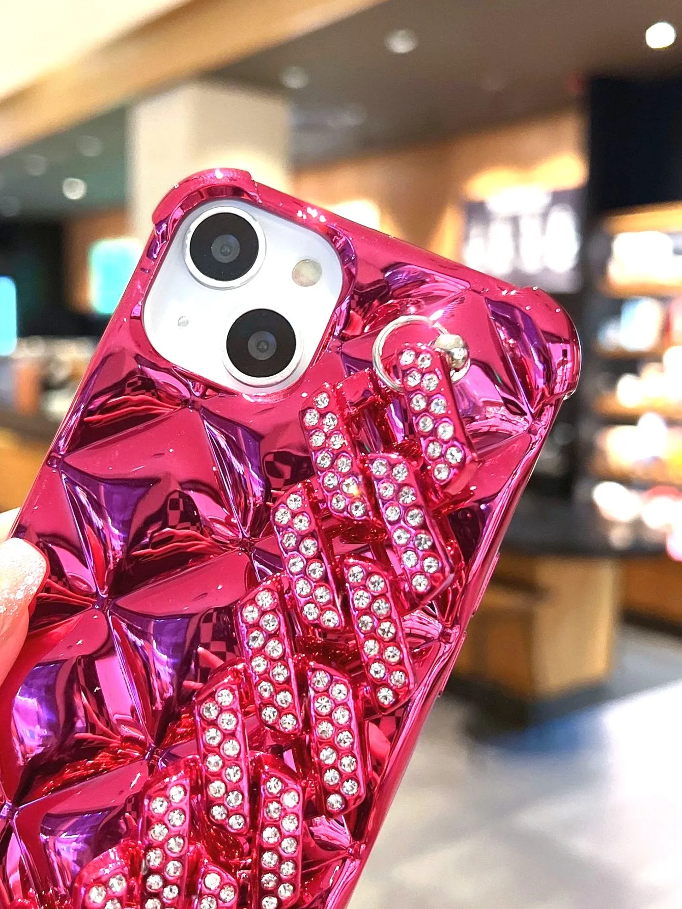 Plated Rhombus Shaped Lock & Rhinestone Decor Phone Case with Chain Strap