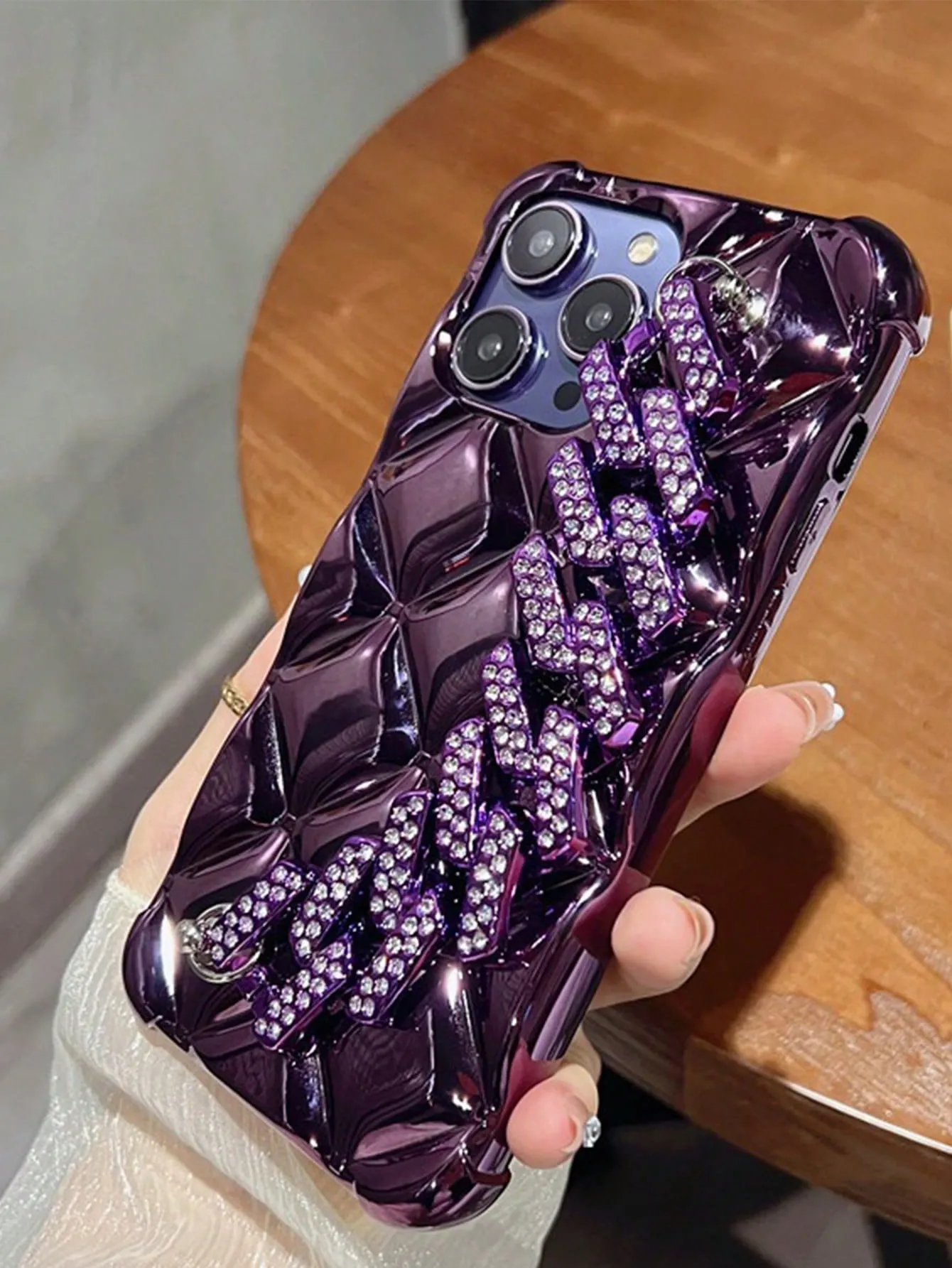 Plated Rhombus Shaped Lock & Rhinestone Decor Phone Case with Chain Strap