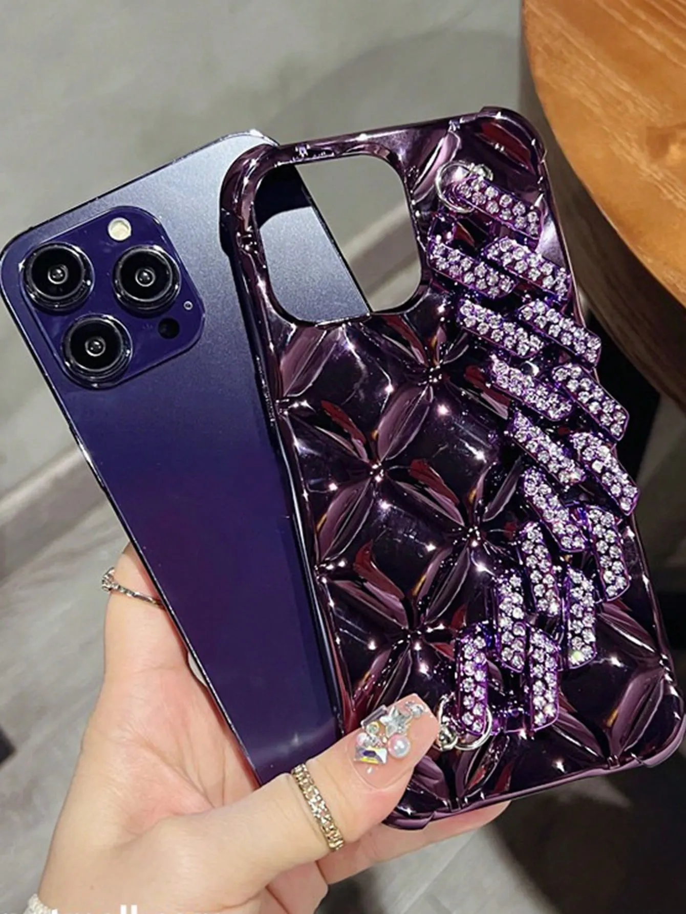 Plated Rhombus Shaped Lock & Rhinestone Decor Phone Case with Chain Strap