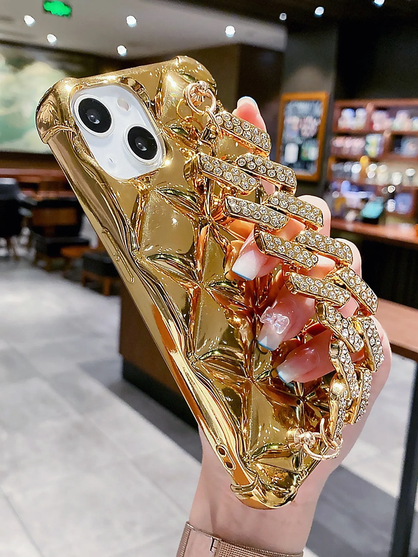 Plated Rhombus Shaped Lock & Rhinestone Decor Phone Case with Chain Strap