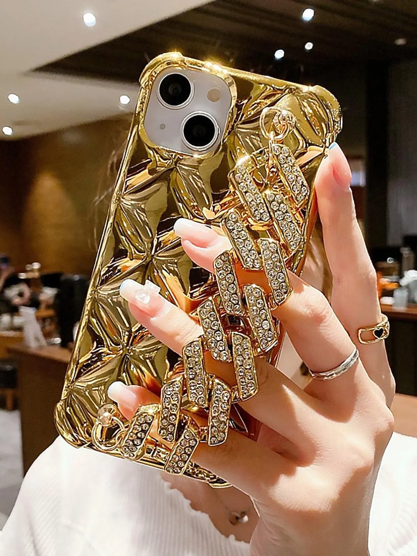 Plated Rhombus Shaped Lock & Rhinestone Decor Phone Case with Chain Strap
