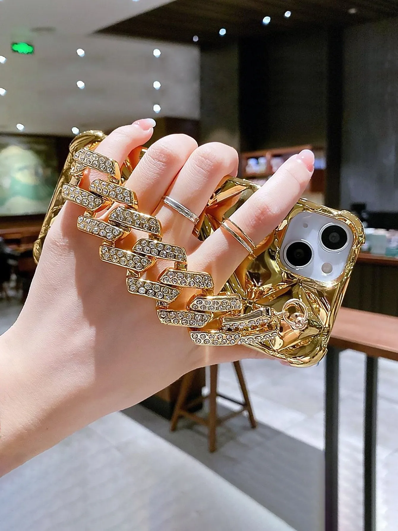Plated Rhombus Shaped Lock & Rhinestone Decor Phone Case with Chain Strap