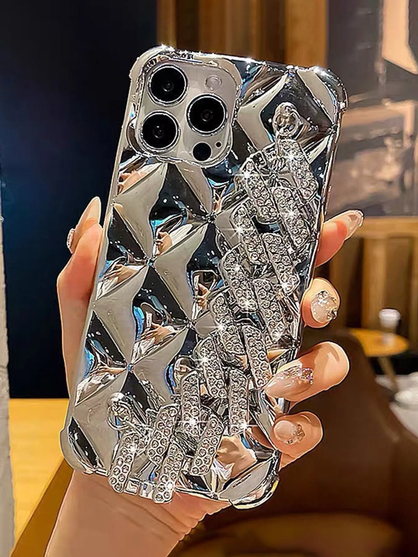 Plated Rhombus Shaped Lock & Rhinestone Decor Phone Case with Chain Strap