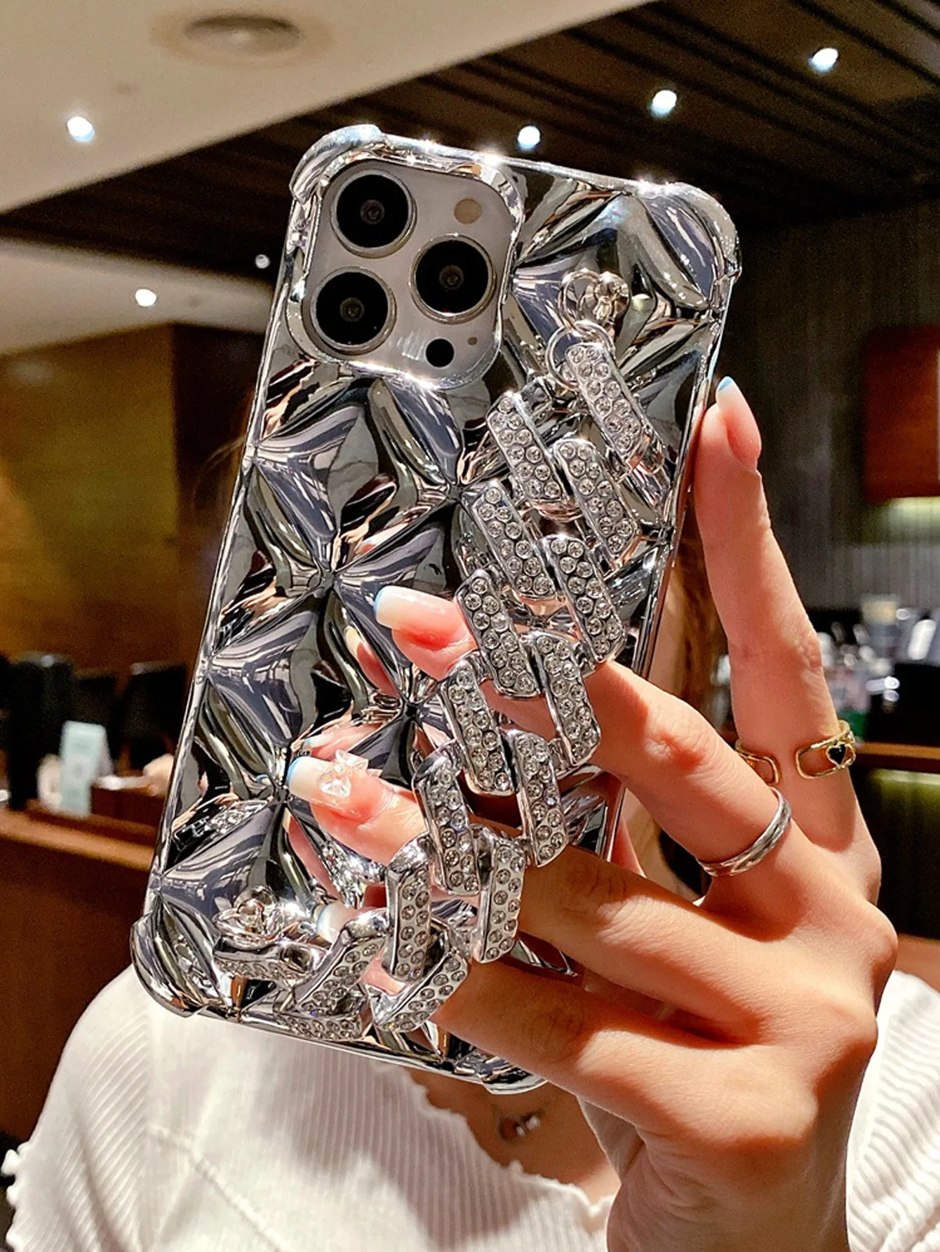 Plated Rhombus Shaped Lock & Rhinestone Decor Phone Case with Chain Strap