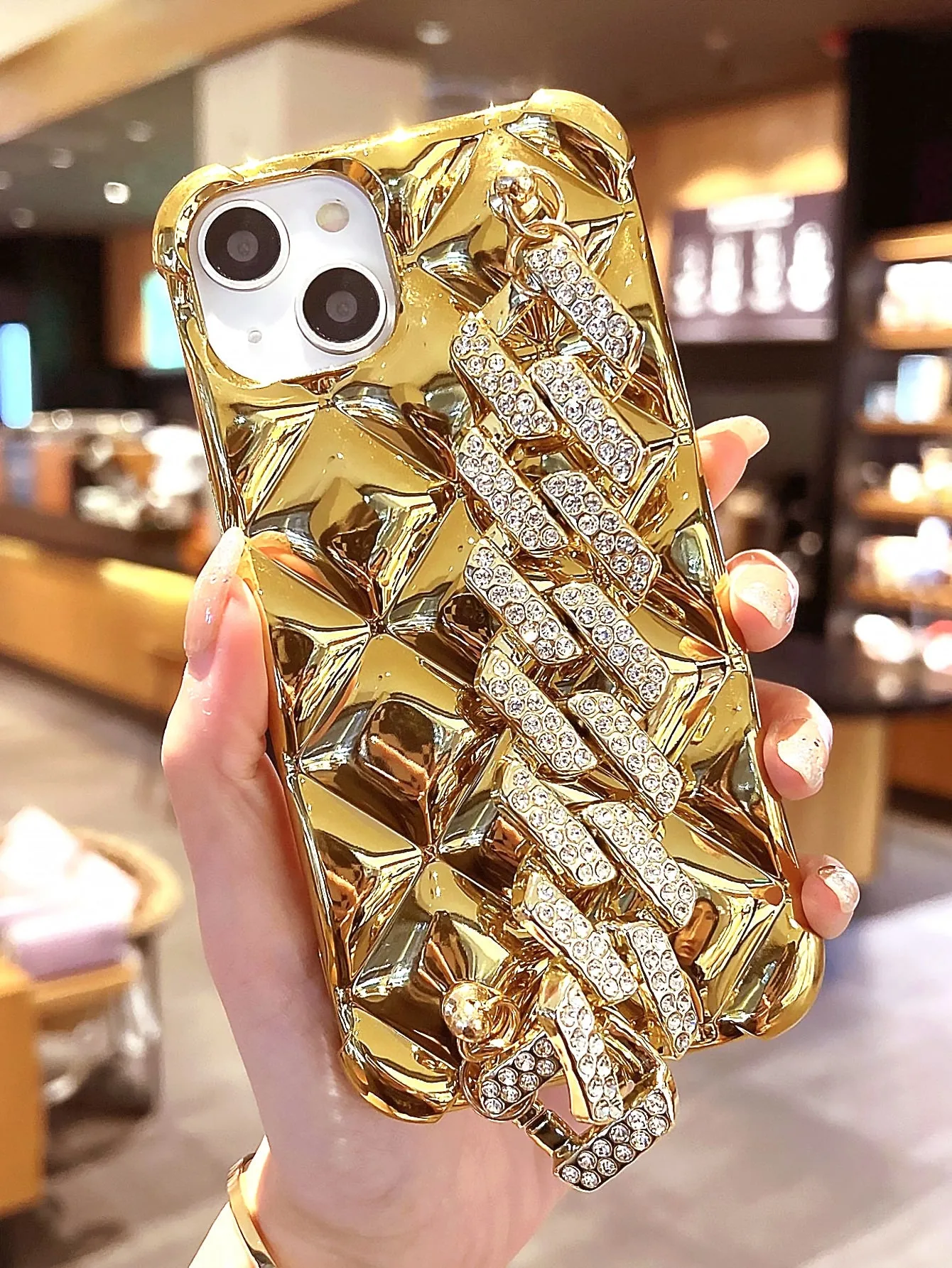 Plated Rhombus Shaped Lock & Rhinestone Decor Phone Case with Chain Strap