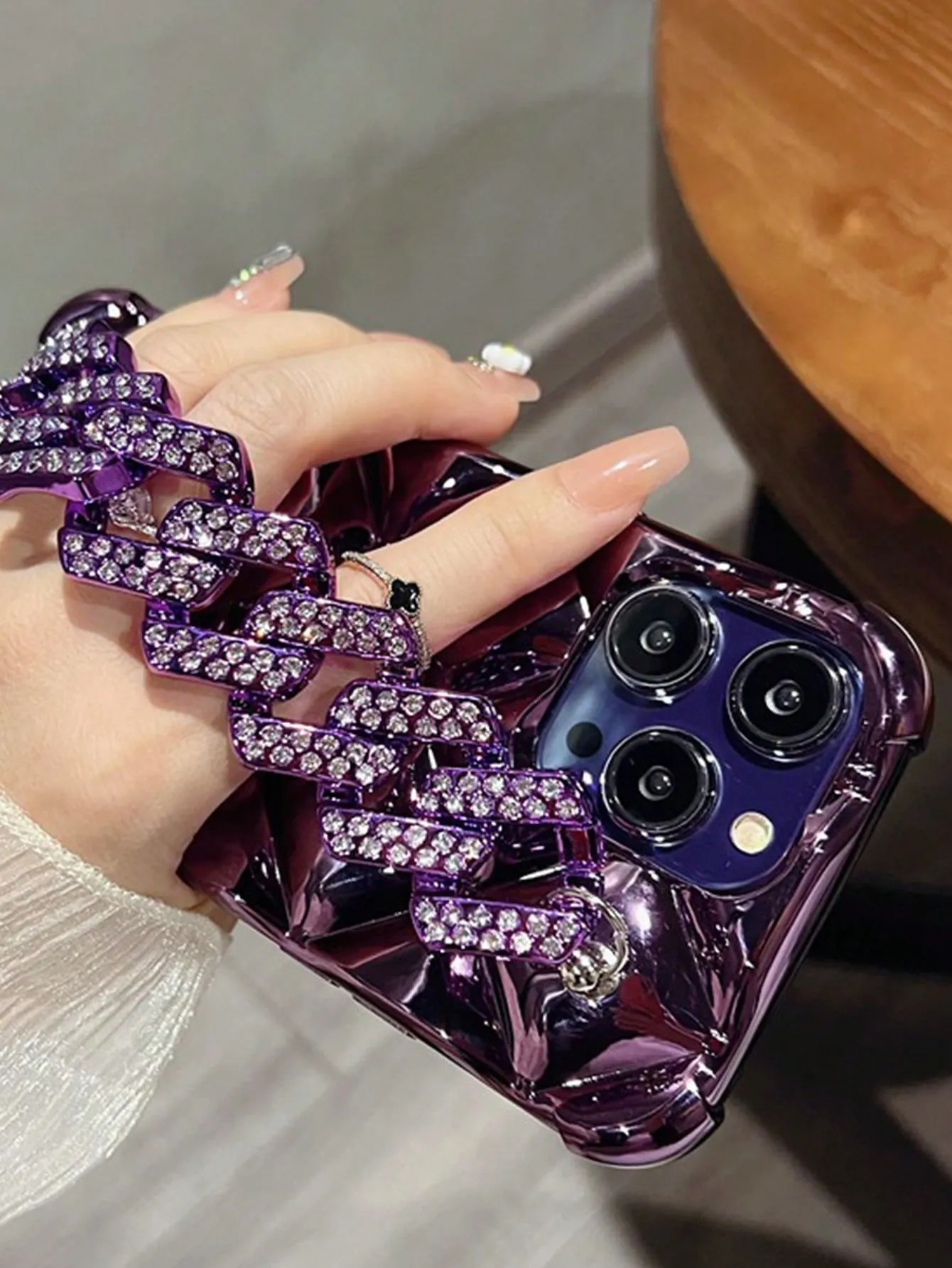 Plated Rhombus Shaped Lock & Rhinestone Decor Phone Case with Chain Strap