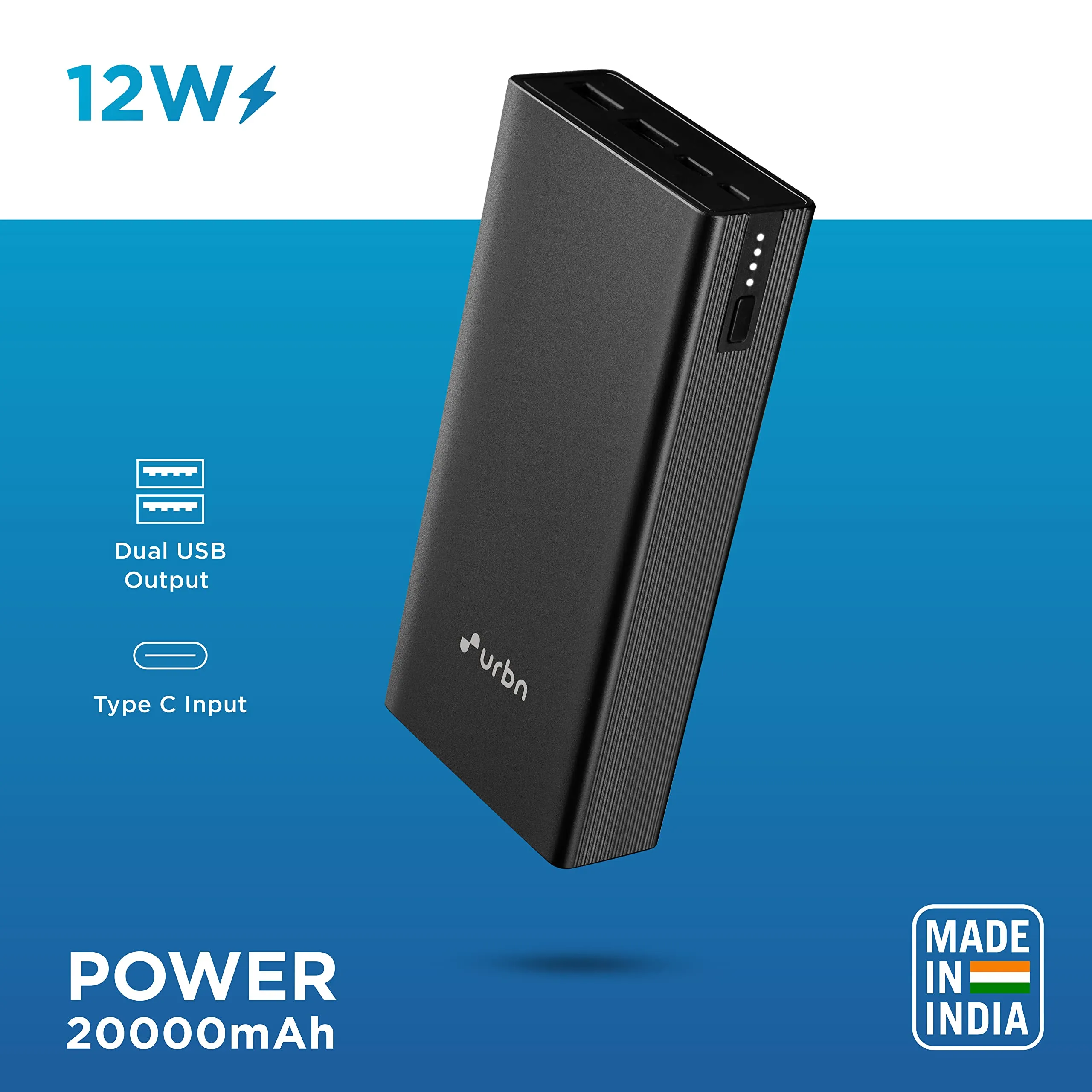 URBN 20000 mAh 12W Fast Charging Metal Power Bank | Dual USB Output | Micro & Type C Input | Safe Charging | Type C Cable Included -Black